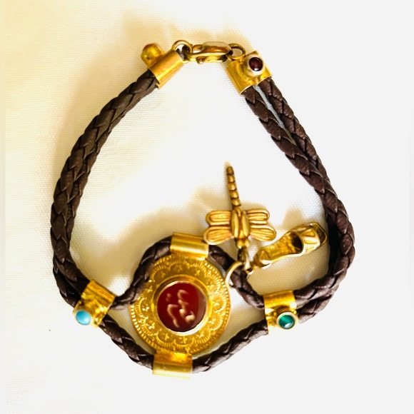 Brown rope & gold tone real silver bracelet with semi-precious stones dragonfly - Picture 2 of 11